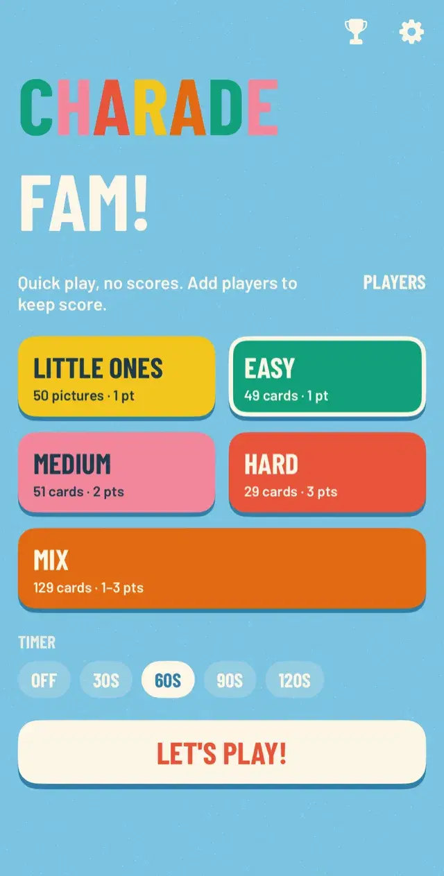 The CharadeFam home screen: deck tiles for Little Ones, Easy, Medium, Hard and Mix, a timer picker set to 60 seconds, and a Let’s play button.